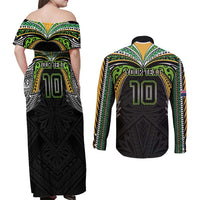 Custom Cook Islands Rugby League Couples Matching Off Shoulder Maxi Dress and Long Sleeve Button Shirt Tatau Tribal Motifs-Black Color LT03 - Polynesian Pride