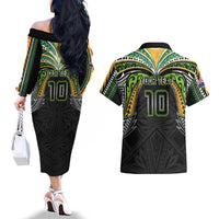 Custom Cook Islands Rugby League Couples Matching Off The Shoulder Long Sleeve Dress and Hawaiian Shirt Tatau Tribal Motifs-Black Color LT03 - Polynesian Pride