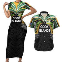 Custom Cook Islands Rugby League Couples Matching Short Sleeve Bodycon Dress and Hawaiian Shirt Tatau Tribal Motifs-Black Color LT03 Black - Polynesian Pride