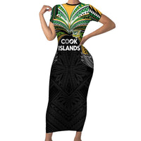 Custom Cook Islands Rugby League Family Matching Short Sleeve Bodycon Dress and Hawaiian Shirt Tatau Tribal Motifs-Black Color LT03 Mom's Dress Black - Polynesian Pride