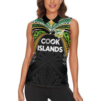 Custom Cook Islands Rugby League Women Sleeveless Polo Shirt Tatau Tribal Motifs-Black Color LT03 - Polynesian Pride