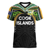 Custom Cook Islands Rugby League Women V-Neck T-Shirt Tatau Tribal Motifs-Black Color LT03 Female Black - Polynesian Pride