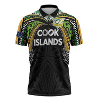 Custom Cook Islands Rugby League Zipper Polo Shirt Tatau Tribal Motifs-Black Color LT03 Black - Polynesian Pride