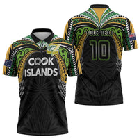 Custom Cook Islands Rugby League Zipper Polo Shirt Tatau Tribal Motifs-Black Color LT03 - Polynesian Pride