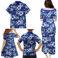 Hawaiian Quilt Pattern Family Matching Puletasi and Hawaiian Shirt Hibiscus and Tribal Element Vintage Blue Vibe LT03 - Polynesian Pride