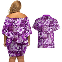 Hawaiian Quilt Pattern Couples Matching Off Shoulder Short Dress and Hawaiian Shirt Hibiscus and Tribal Element Vintage Purple Vibe LT03 - Polynesian Pride