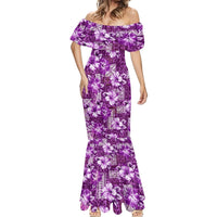 Hawaiian Quilt Pattern Mermaid Dress Hibiscus and Tribal Element Vintage Purple Vibe LT03 - Polynesian Pride