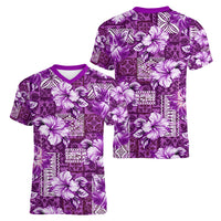 Hawaiian Quilt Pattern Women V Neck T Shirt Hibiscus and Tribal Element Vintage Purple Vibe LT03 - Polynesian Pride
