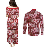Hawaiian Quilt Pattern Couples Matching Puletasi and Long Sleeve Button Shirt Hibiscus and Tribal Element Vintage Red Vibe LT03 - Polynesian Pride