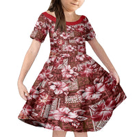 Hawaiian Quilt Pattern Family Matching Off Shoulder Maxi Dress and Hawaiian Shirt Hibiscus and Tribal Element Vintage Red Vibe LT03 Daughter's Dress Red - Polynesian Pride