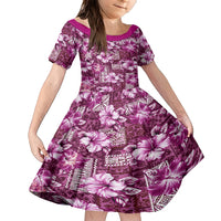 Hawaiian Quilt Pattern Family Matching Short Sleeve Bodycon Dress and Hawaiian Shirt Hibiscus and Tribal Element Vintage Pink Vibe LT03 Daughter's Dress Pink - Polynesian Pride