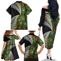 New Zealand Family Matching Off Shoulder Long Sleeve Dress and Hawaiian Shirt Koru Abstract Art and Silver Fern Maori Pattern LT03 - Polynesian Pride
