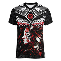 New Zealand Maori Girl Women V Neck T Shirt Silver Fern and Koru Pattern LT03 Female Black - Polynesian Pride