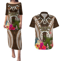Vanuatu Selebretem 44th Indipendens Dei Couples Matching Puletasi and Hawaiian Shirt Yumi Pig Tusk and Namele Fern LT03 Brown - Polynesian Pride