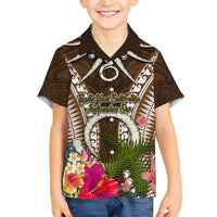 Vanuatu Selebretem 44th Indipendens Dei Family Matching Off The Shoulder Long Sleeve Dress and Hawaiian Shirt Yumi Pig Tusk and Namele Fern LT03 Son's Shirt Brown - Polynesian Pride