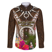 Vanuatu Selebretem 44th Indipendens Dei Family Matching Tank Maxi Dress and Hawaiian Shirt Yumi Pig Tusk and Namele Fern LT03 Dad's Shirt - Long Sleeve Brown - Polynesian Pride