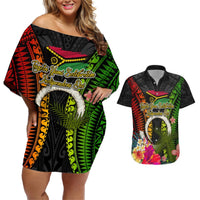 Vanuatu Independence Day Couples Matching Off Shoulder Short Dress and Hawaiian Shirt Tugeta Yumi Selebretem Indipendens Dei LT03 Black - Polynesian Pride