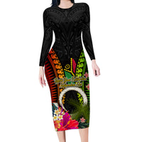 Vanuatu Independence Day Family Matching Long Sleeve Bodycon Dress and Hawaiian Shirt Tugeta Yumi Selebretem Indipendens Dei LT03 Mom's Dress Black - Polynesian Pride