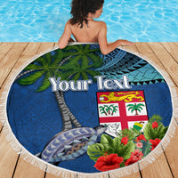 Personalised Fiji Independence Day Beach Blanket Fijian Coat of Arms Palm and Hibiscus Tapa Pattern