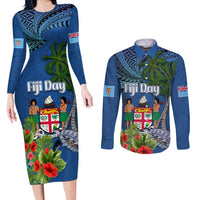 Personalised Fiji Independence Day Couples Matching Long Sleeve Bodycon Dress and Long Sleeve Button Shirt Fijian Coat of Arms Palm and Hibiscus Tapa Pattern LT03 Blue - Polynesian Pride