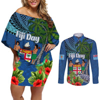 Personalised Fiji Independence Day Couples Matching Off Shoulder Short Dress and Long Sleeve Button Shirt Fijian Coat of Arms Palm and Hibiscus Tapa Pattern LT03 Blue - Polynesian Pride