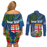 Personalised Fiji Independence Day Couples Matching Off Shoulder Short Dress and Long Sleeve Button Shirt Fijian Coat of Arms Palm and Hibiscus Tapa Pattern LT03 - Polynesian Pride