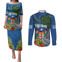 Personalised Fiji Independence Day Couples Matching Puletasi and Long Sleeve Button Shirt Fijian Coat of Arms Palm and Hibiscus Tapa Pattern LT03 Blue - Polynesian Pride