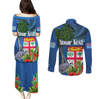 Personalised Fiji Independence Day Couples Matching Puletasi and Long Sleeve Button Shirt Fijian Coat of Arms Palm and Hibiscus Tapa Pattern LT03 - Polynesian Pride