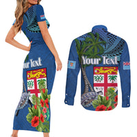 Personalised Fiji Independence Day Couples Matching Short Sleeve Bodycon Dress and Long Sleeve Button Shirt Fijian Coat of Arms Palm and Hibiscus Tapa Pattern LT03 - Polynesian Pride