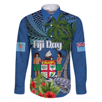 Personalised Fiji Independence Day Family Matching Puletasi and Hawaiian Shirt Fijian Coat of Arms Palm and Hibiscus Tapa Pattern LT03 Dad's Shirt - Long Sleeve Blue - Polynesian Pride