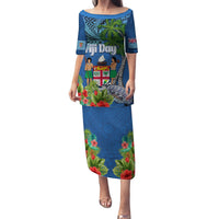 Personalised Fiji Independence Day Family Matching Puletasi and Hawaiian Shirt Fijian Coat of Arms Palm and Hibiscus Tapa Pattern LT03 Mom's Dress Blue - Polynesian Pride