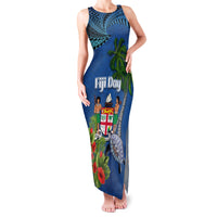 Personalised Fiji Independence Day Family Matching Tank Maxi Dress and Hawaiian Shirt Fijian Coat of Arms Palm and Hibiscus Tapa Pattern LT03 Mom's Dress Blue - Polynesian Pride