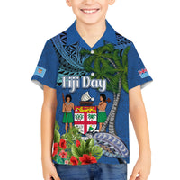 Personalised Fiji Independence Day Family Matching Tank Maxi Dress and Hawaiian Shirt Fijian Coat of Arms Palm and Hibiscus Tapa Pattern LT03 Son's Shirt Blue - Polynesian Pride