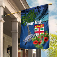 Personalised Fiji Independence Day Garden Flag Fijian Coat of Arms Palm and Hibiscus Tapa Pattern LT03 House Flag Blue - Polynesian Pride