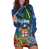 Personalised Fiji Independence Day Hoodie Dress Fijian Coat of Arms Palm and Hibiscus Tapa Pattern LT03 Blue - Polynesian Pride