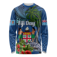 Fiji Independence Day Long Sleeve Shirt Fijian Coat of Arms Palm and Hibiscus Tapa Pattern