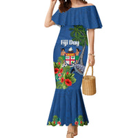 Personalised Fiji Independence Day Mermaid Dress Fijian Coat of Arms Palm and Hibiscus Tapa Pattern LT03 Women Blue - Polynesian Pride