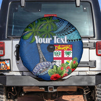 Personalised Fiji Independence Day Spare Tire Cover Fijian Coat of Arms Palm and Hibiscus Tapa Pattern LT03 Blue - Polynesian Pride