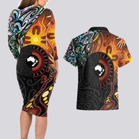 New Zealand and Australia Together Couples Matching Long Sleeve Bodycon Dress and Hawaiian Shirt Maori Tattoo Paua Shell mix Aboriginal Pattern LT03 - Polynesian Pride
