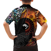 New Zealand and Australia Together Family Matching Off The Shoulder Long Sleeve Dress and Hawaiian Shirt Maori Tattoo Paua Shell mix Aboriginal Pattern LT03 - Polynesian Pride