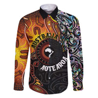 New Zealand and Australia Together Family Matching Off The Shoulder Long Sleeve Dress and Hawaiian Shirt Maori Tattoo Paua Shell mix Aboriginal Pattern LT03 Dad's Shirt - Long Sleeve Black - Polynesian Pride