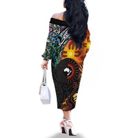 New Zealand and Australia Together Family Matching Off The Shoulder Long Sleeve Dress and Hawaiian Shirt Maori Tattoo Paua Shell mix Aboriginal Pattern LT03 - Polynesian Pride