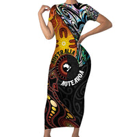 New Zealand and Australia Together Family Matching Short Sleeve Bodycon Dress and Hawaiian Shirt Maori Tattoo Paua Shell mix Aboriginal Pattern LT03 Mom's Dress Black - Polynesian Pride