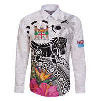 Fiji Iguana Family Matching Puletasi and Hawaiian Shirt Tapa Tribal Tattoo and Hibiscus LT03 Dad's Shirt - Long Sleeve White - Polynesian Pride