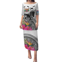 Fiji Iguana Family Matching Puletasi and Hawaiian Shirt Tapa Tribal Tattoo and Hibiscus LT03 Mom's Dress White - Polynesian Pride