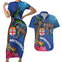 Fiji and Australia Together Couples Matching Short Sleeve Bodycon Dress and Hawaiian Shirt Aboriginal Kangaroo and Tapa Tribal Hibiscus LT03 Blue - Polynesian Pride