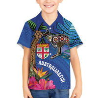 Fiji and Australia Together Family Matching Off The Shoulder Long Sleeve Dress and Hawaiian Shirt Aboriginal Kangaroo and Tapa Tribal Hibiscus LT03 Son's Shirt Blue - Polynesian Pride