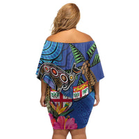 Fiji and Australia Together Family Matching Off Shoulder Short Dress and Hawaiian Shirt Aboriginal Kangaroo and Tapa Tribal Hibiscus LT03 - Polynesian Pride