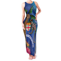Fiji and Australia Together Family Matching Tank Maxi Dress and Hawaiian Shirt Aboriginal Kangaroo and Tapa Tribal Hibiscus LT03 Mom's Dress Blue - Polynesian Pride