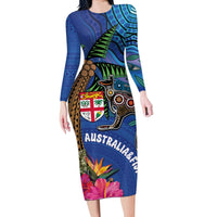 Fiji and Australia Together Long Sleeve Bodycon Dress Aboriginal Kangaroo and Tapa Tribal Hibiscus